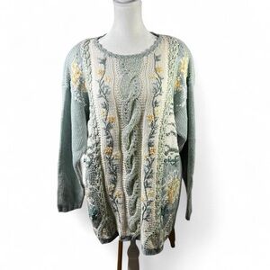 NWT Vintage Tiara International Embroidered Sweater Cotton Mint Green Floral L